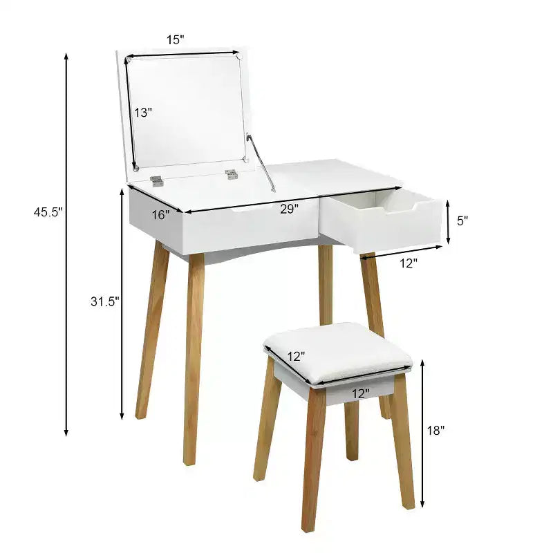 Costway Coiffeuse avec tabouret rembourré et miroir rabattable et tiroir, bureau d'écriture