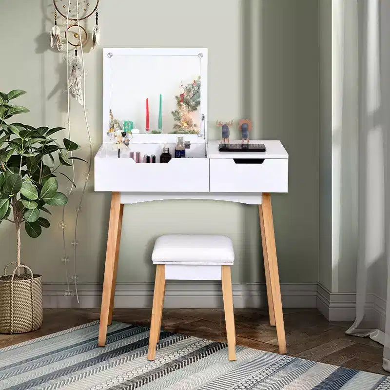 Costway Coiffeuse avec tabouret rembourré et miroir rabattable et tiroir, bureau d'écriture