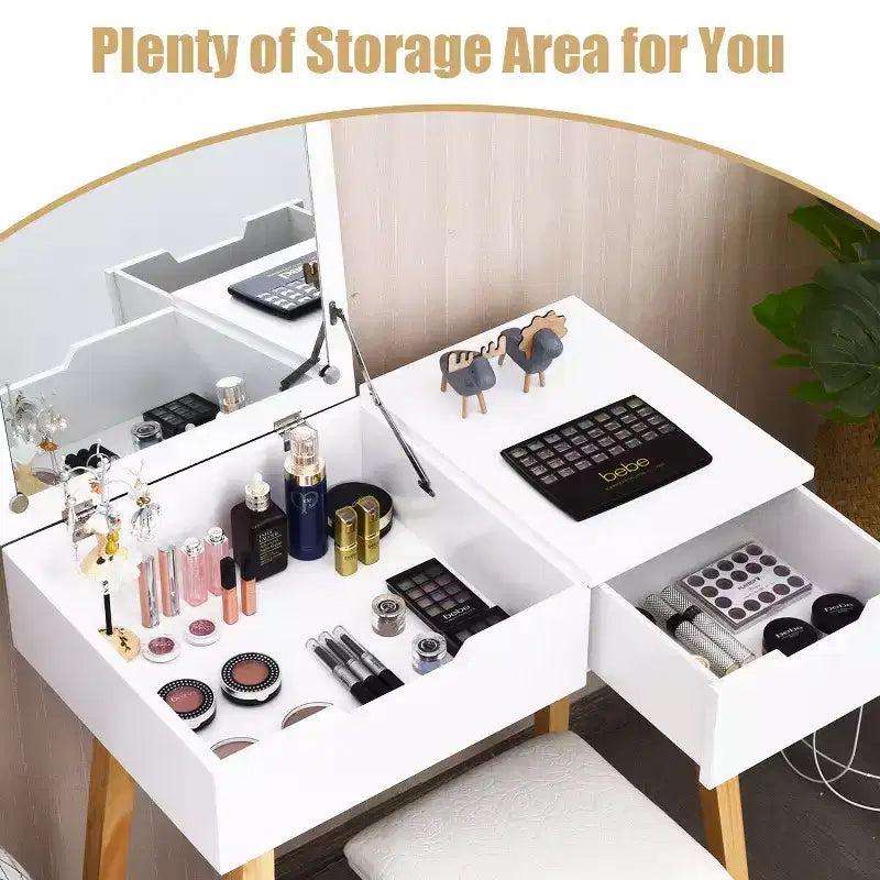 Costway Coiffeuse avec tabouret rembourré et miroir rabattable et tiroir, bureau d'écriture
