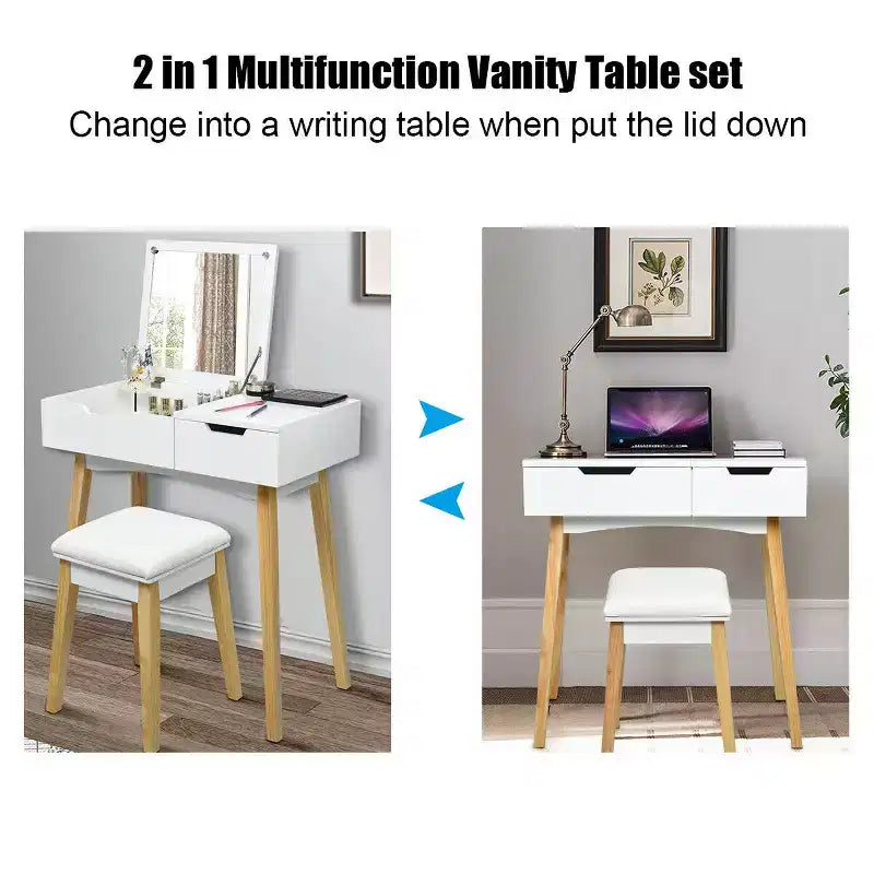 Costway Coiffeuse avec tabouret rembourré et miroir rabattable et tiroir, bureau d'écriture