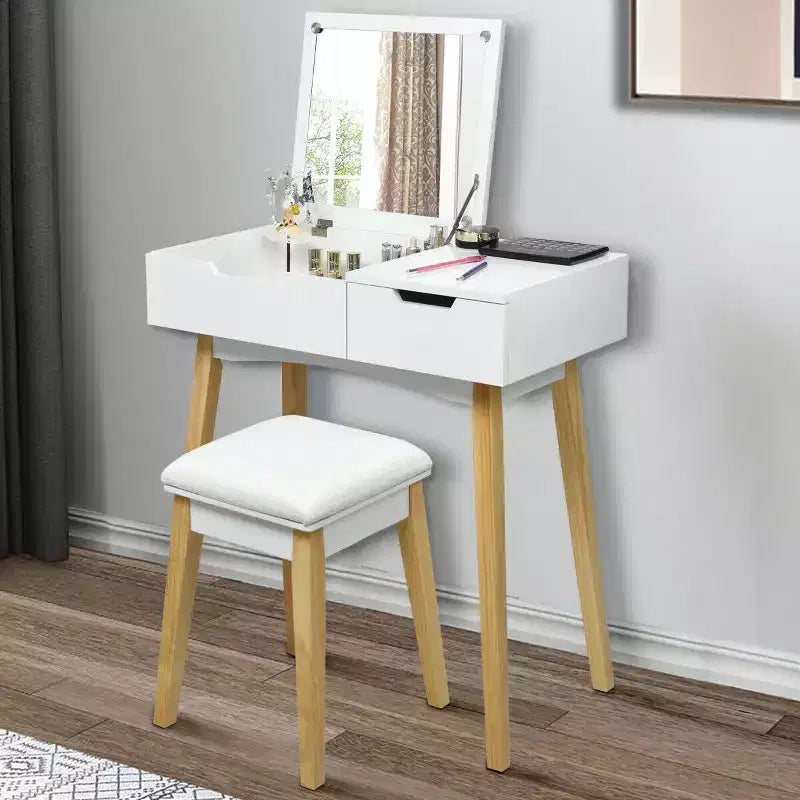 Costway Coiffeuse avec tabouret rembourré et miroir rabattable et tiroir, bureau d'écriture