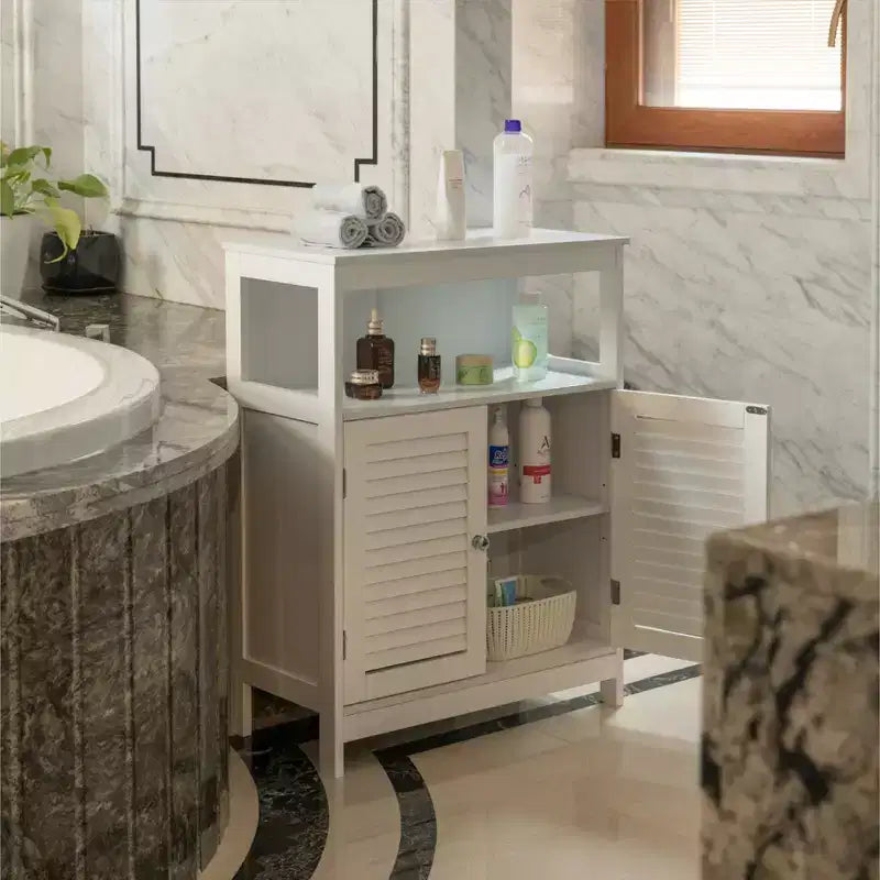 Meuble de salle de bain moderne en bois blanc Basicwise avec étagères réglables et deux portes à lattes horizontales