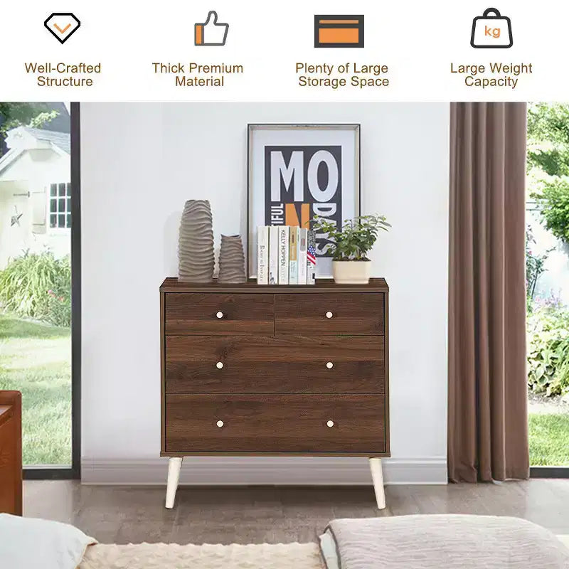 Commode Costway à 4 tiroirs avec pieds en caoutchouc et rails de finition Noyer