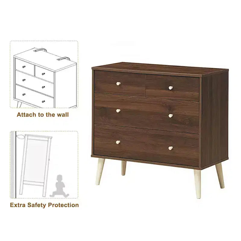 Commode Costway à 4 tiroirs avec pieds en caoutchouc et rails de finition Noyer