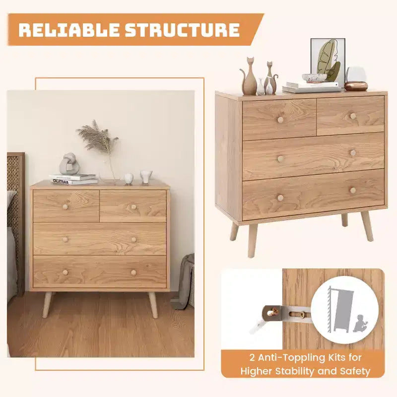 Commode Costway à 4 tiroirs avec pieds en caoutchouc et rails de finition Noyer
