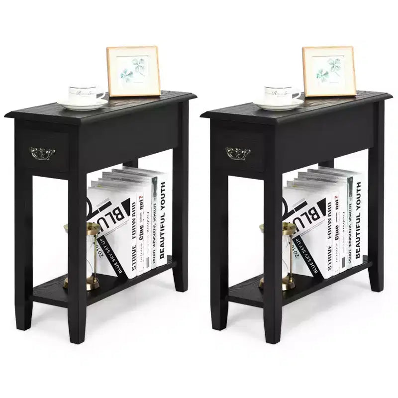 Costway Set of 2 Nightstand 2 Tier End Bedside Sofa Side Table w/Drawer &Shelf Black