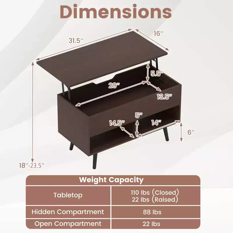 Costway Table Basse Relevable 80cm avec Compartiment de Rangement Caché et Pieds en Bois pour la Maison