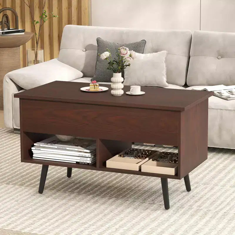 Costway Table Basse Relevable 80cm avec Compartiment de Rangement Caché et Pieds en Bois pour la Maison