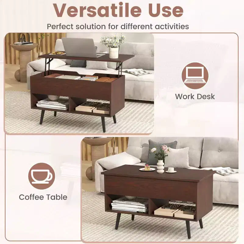 Costway Table Basse Relevable 80cm avec Compartiment de Rangement Caché et Pieds en Bois pour la Maison