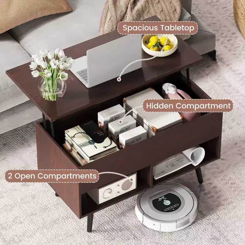 Costway Table Basse Relevable 80cm avec Compartiment de Rangement Caché et Pieds en Bois pour la Maison
