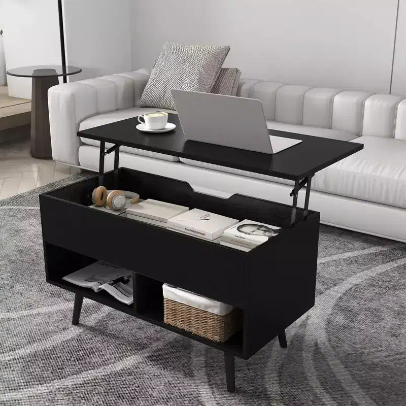 Costway Table Basse Relevable 80cm avec Compartiment de Rangement Caché et Pieds en Bois pour la Maison