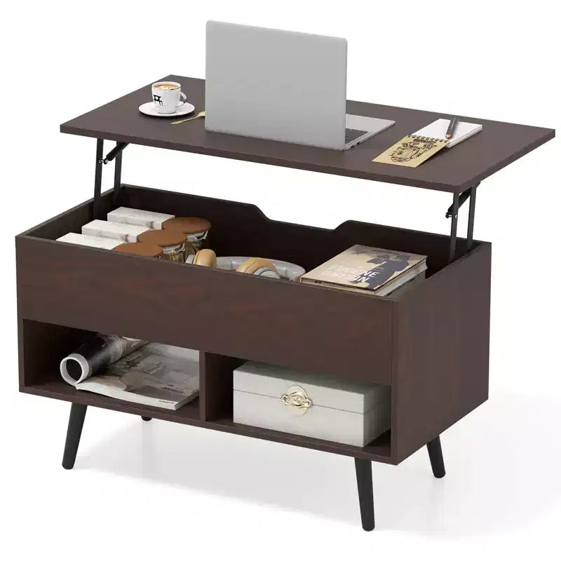 Costway Table Basse Relevable 80cm avec Compartiment de Rangement Caché et Pieds en Bois pour la Maison