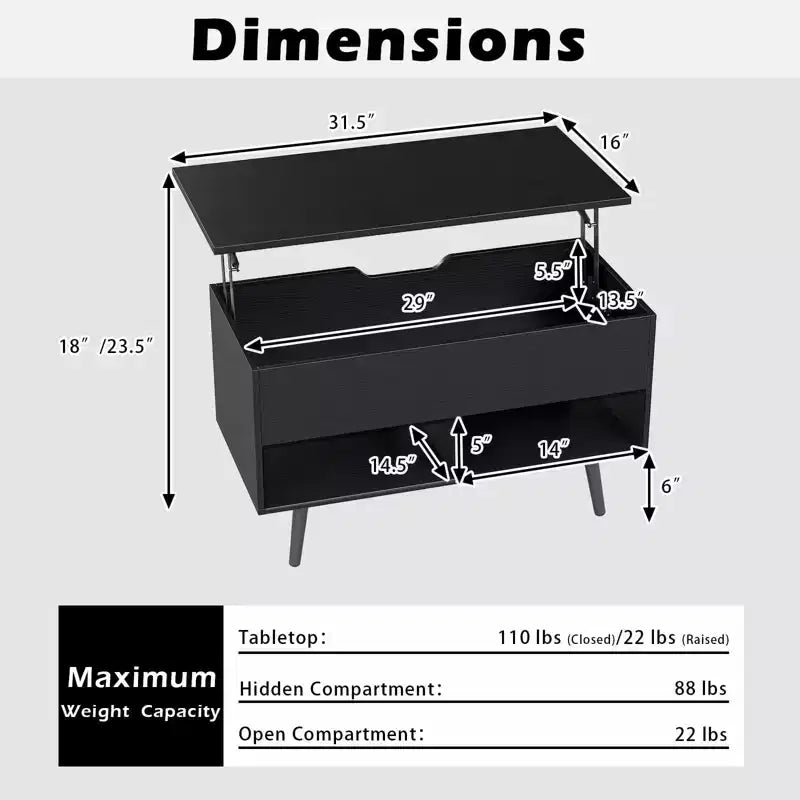 Costway Table Basse Relevable 80cm avec Compartiment de Rangement Caché et Pieds en Bois pour la Maison