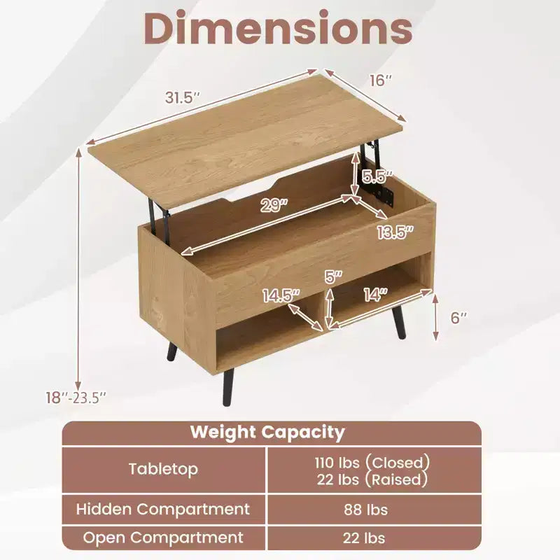 Costway Table Basse Relevable 80cm avec Compartiment de Rangement Caché et Pieds en Bois pour la Maison