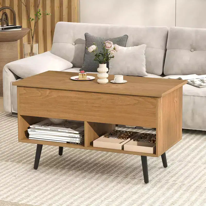Costway Table Basse Relevable 80cm avec Compartiment de Rangement Caché et Pieds en Bois pour la Maison