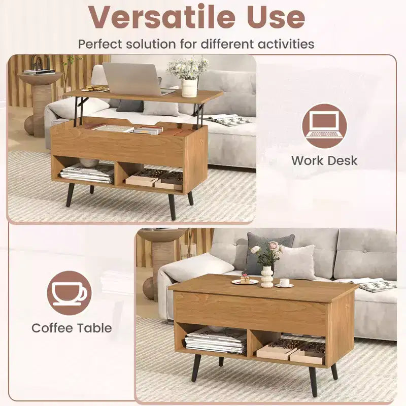 Costway Table Basse Relevable 80cm avec Compartiment de Rangement Caché et Pieds en Bois pour la Maison