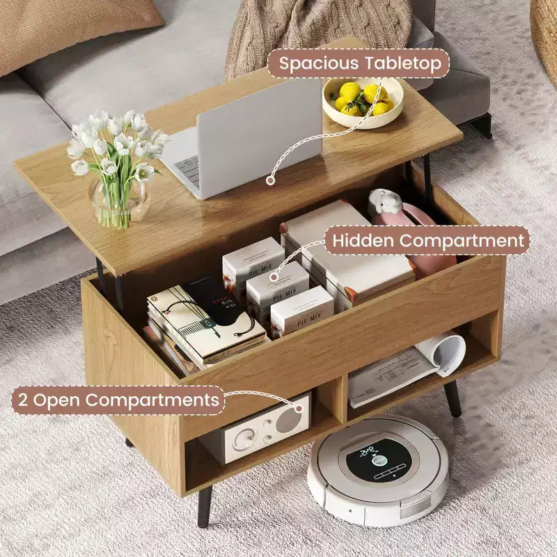Costway Table Basse Relevable 80cm avec Compartiment de Rangement Caché et Pieds en Bois pour la Maison
