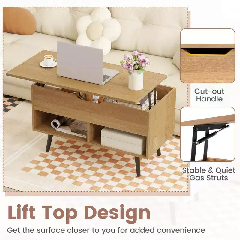 Costway Table Basse Relevable 80cm avec Compartiment de Rangement Caché et Pieds en Bois pour la Maison