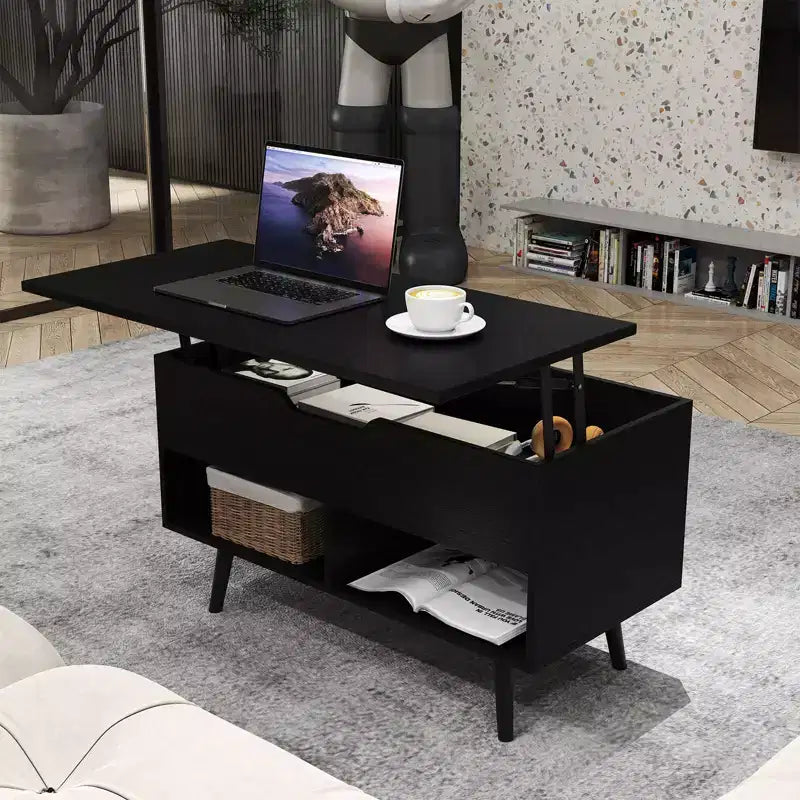 Costway Table Basse Relevable 80cm avec Compartiment de Rangement Caché et Pieds en Bois pour la Maison