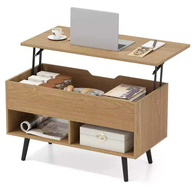 Costway Table Basse Relevable 80cm avec Compartiment de Rangement Caché et Pieds en Bois pour la Maison