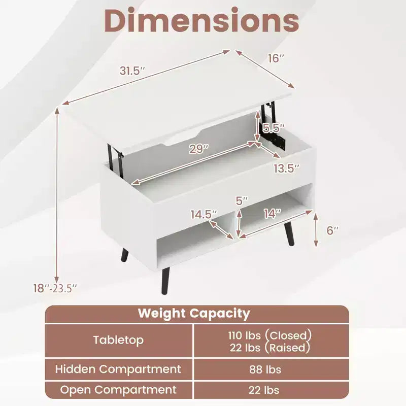 Costway Table Basse Relevable 80cm avec Compartiment de Rangement Caché et Pieds en Bois pour la Maison