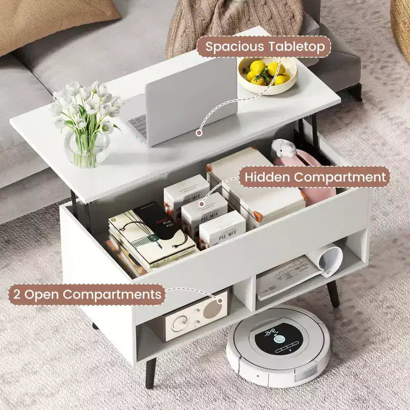 Costway Table Basse Relevable 80cm avec Compartiment de Rangement Caché et Pieds en Bois pour la Maison