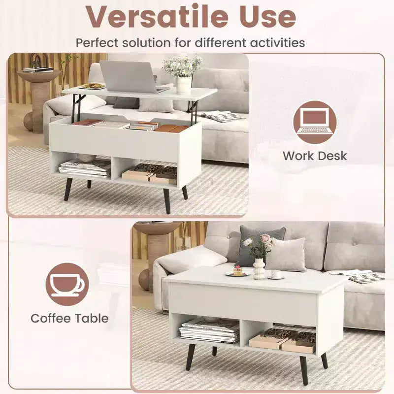 Costway Table Basse Relevable 80cm avec Compartiment de Rangement Caché et Pieds en Bois pour la Maison