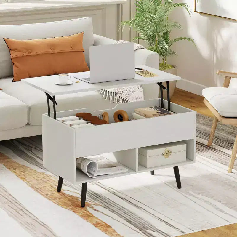 Costway Table Basse Relevable 80cm avec Compartiment de Rangement Caché et Pieds en Bois pour la Maison