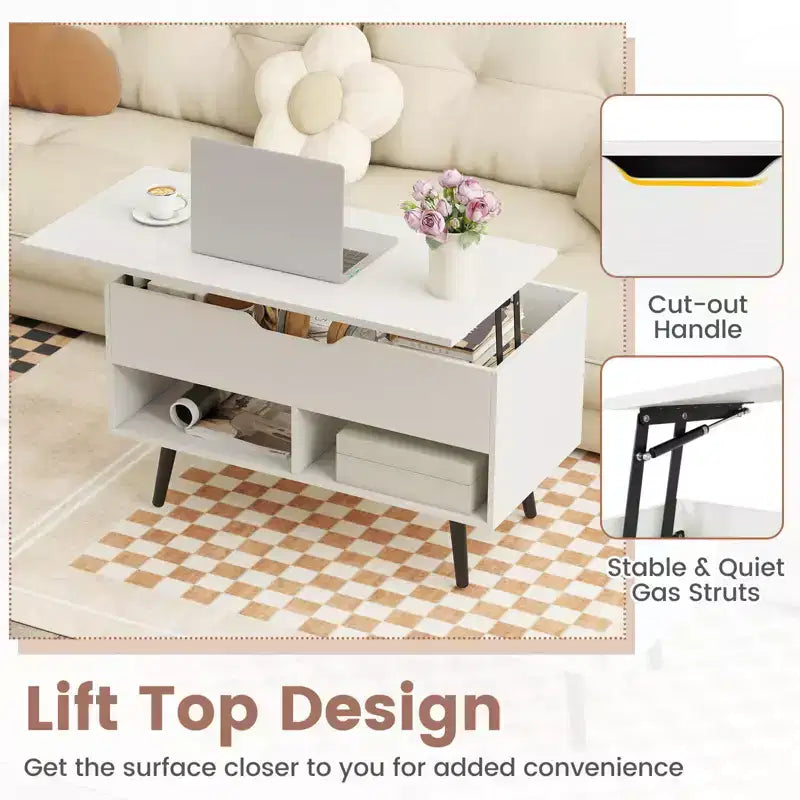Costway Table Basse Relevable 80cm avec Compartiment de Rangement Caché et Pieds en Bois pour la Maison