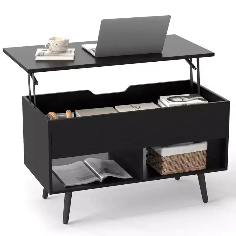 Costway Table Basse Relevable 80cm avec Compartiment de Rangement Caché et Pieds en Bois pour la Maison