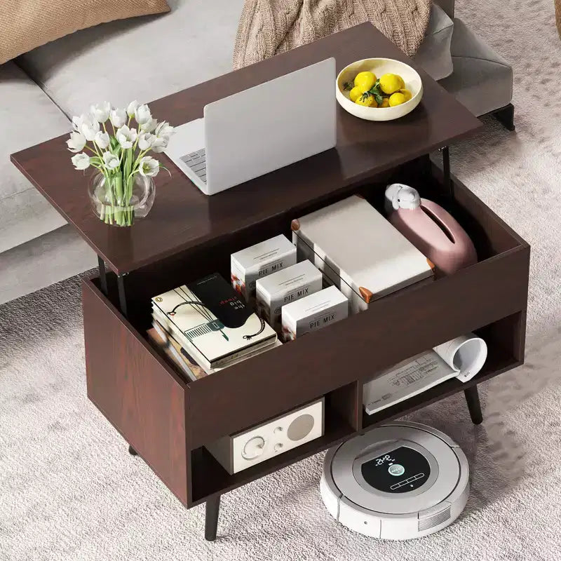Costway Table Basse Relevable 80cm avec Compartiment de Rangement Caché et Pieds en Bois pour la Maison