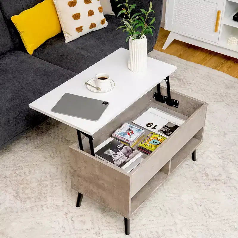 Costway Table Basse Relevable 80cm avec Compartiment de Rangement Caché et Pieds en Bois pour la Maison