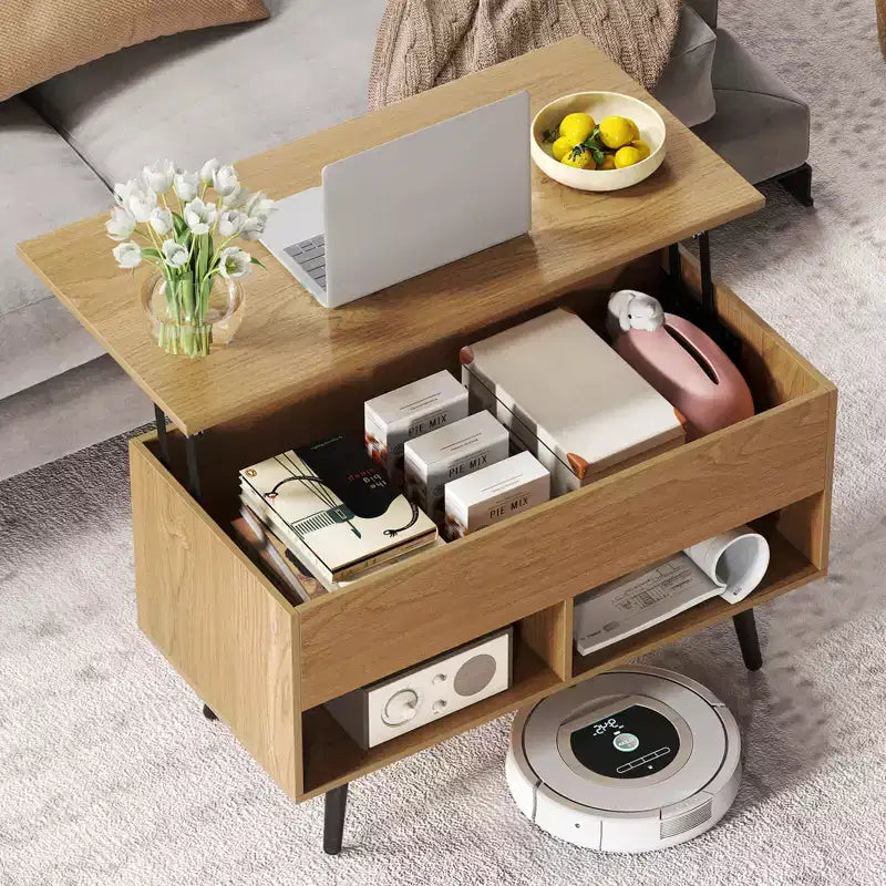 Costway Table Basse Relevable 80cm avec Compartiment de Rangement Caché et Pieds en Bois pour la Maison