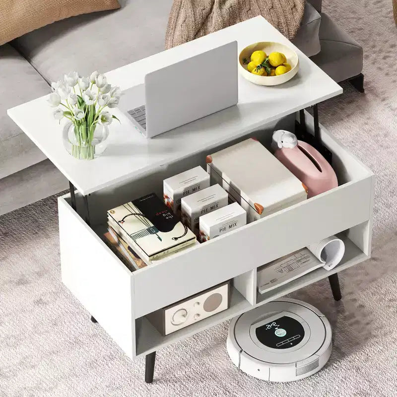 Costway Table Basse Relevable 80cm avec Compartiment de Rangement Caché et Pieds en Bois pour la Maison