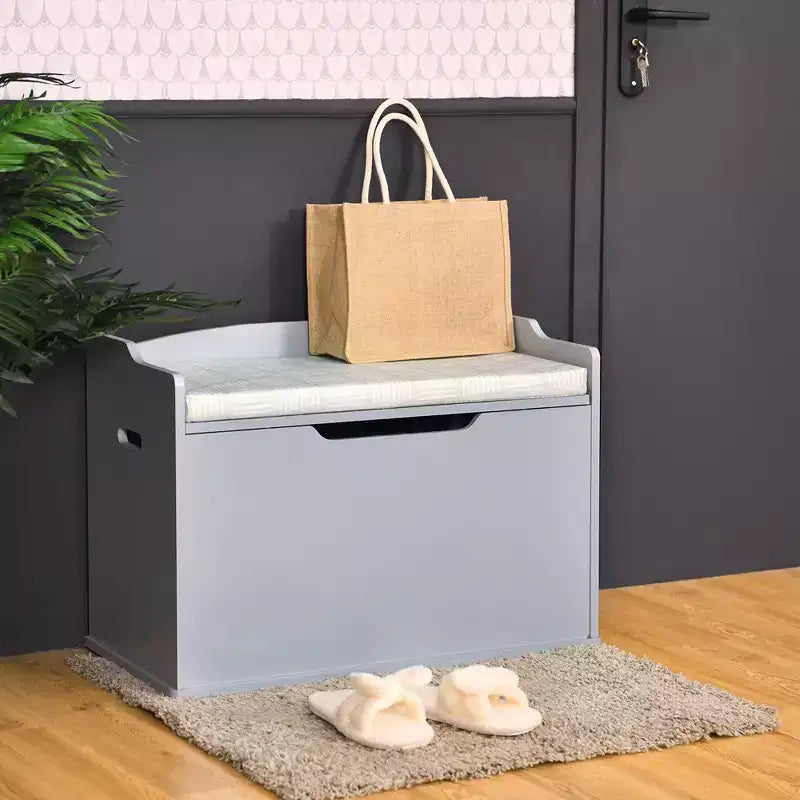 Costway Coffre à jouets en bois pour enfants, banc de rangement avec couvercle rabattable, charnière de sécurité et coussin