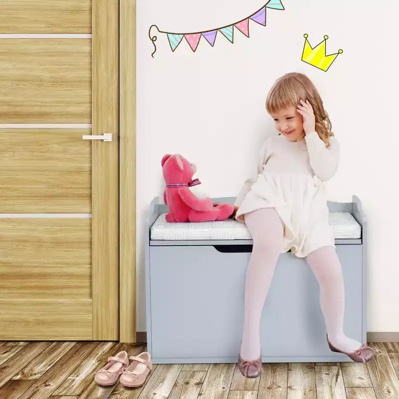 Costway Coffre à jouets en bois pour enfants, banc de rangement avec couvercle rabattable, charnière de sécurité et coussin