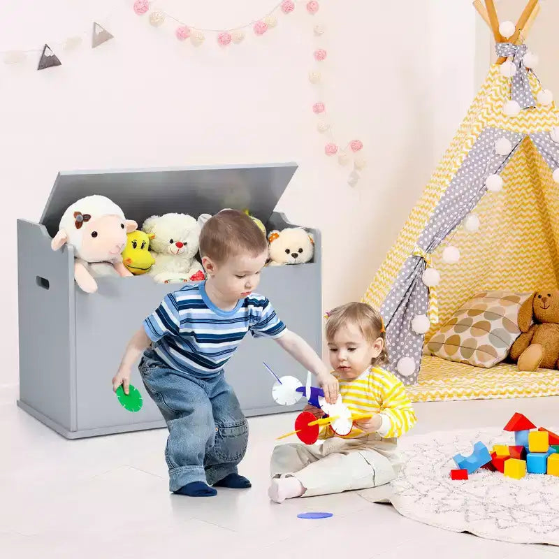 Costway Coffre à jouets en bois pour enfants, banc de rangement avec couvercle rabattable, charnière de sécurité et coussin