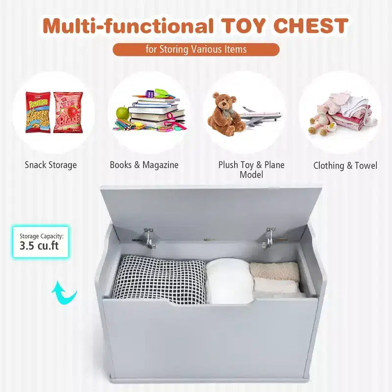 Costway Coffre à jouets en bois pour enfants, banc de rangement avec couvercle rabattable, charnière de sécurité et coussin
