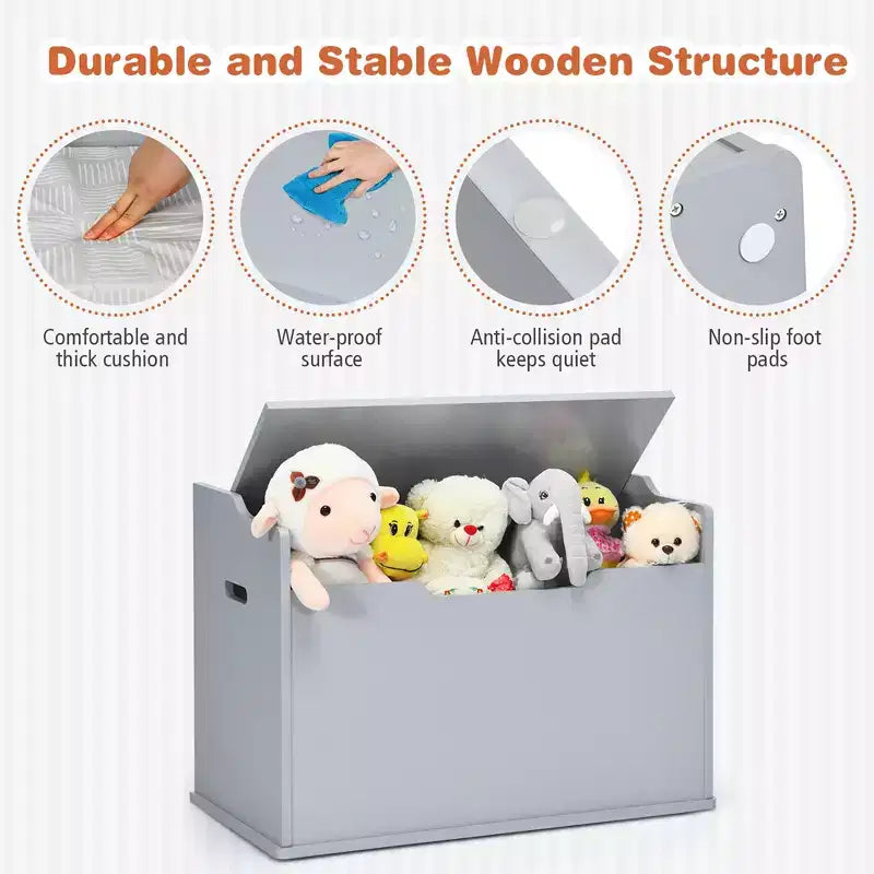 Costway Coffre à jouets en bois pour enfants, banc de rangement avec couvercle rabattable, charnière de sécurité et coussin