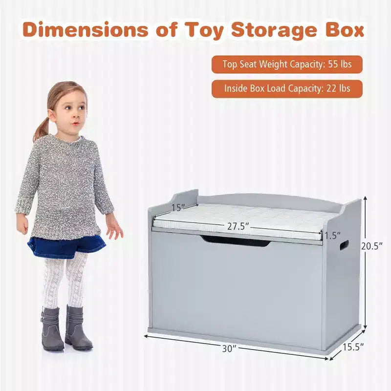 Costway Coffre à jouets en bois pour enfants, banc de rangement avec couvercle rabattable, charnière de sécurité et coussin