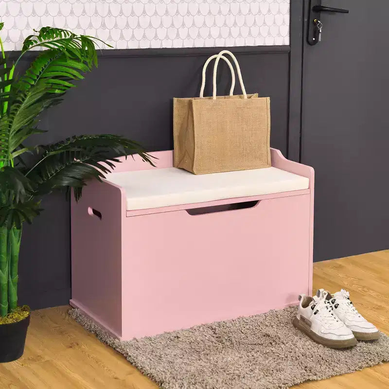 Costway Coffre à jouets en bois pour enfants, banc de rangement avec couvercle rabattable, charnière de sécurité et coussin