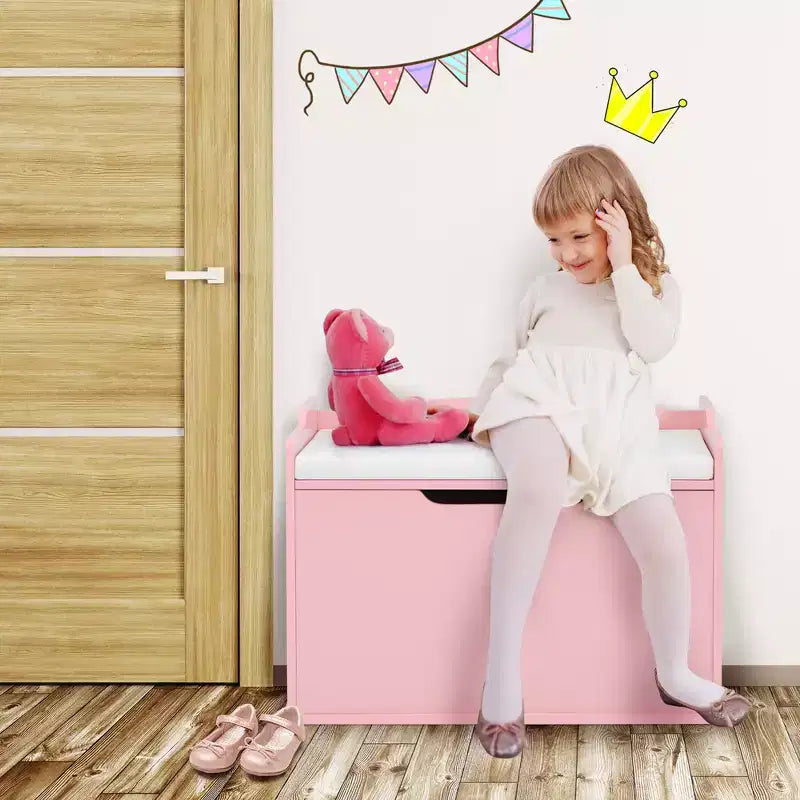 Costway Coffre à jouets en bois pour enfants, banc de rangement avec couvercle rabattable, charnière de sécurité et coussin