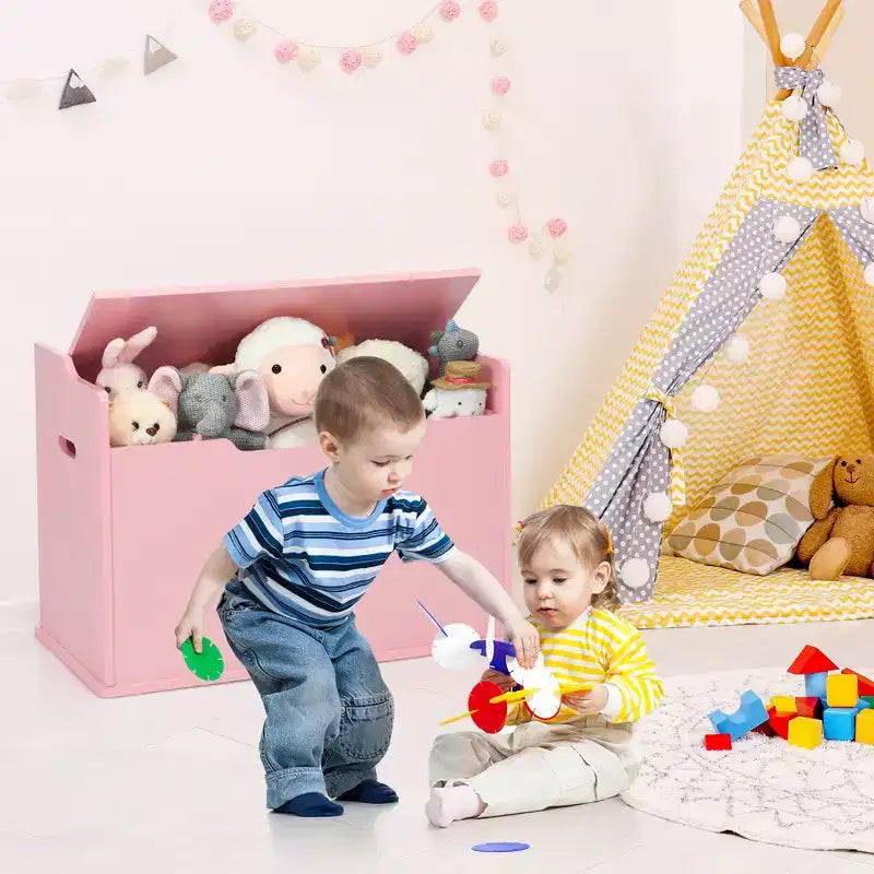 Costway Coffre à jouets en bois pour enfants, banc de rangement avec couvercle rabattable, charnière de sécurité et coussin