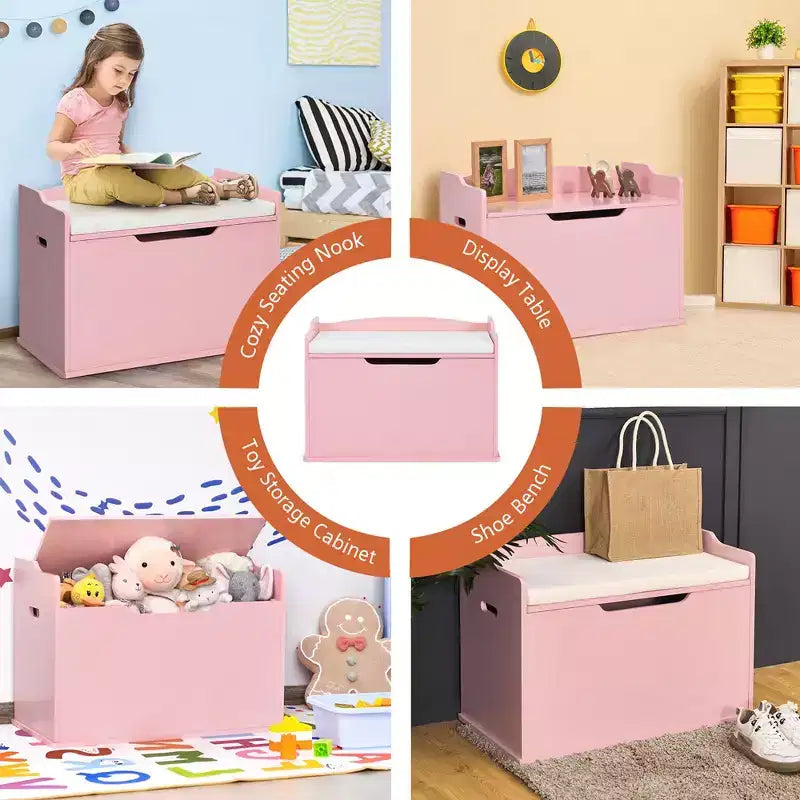 Costway Coffre à jouets en bois pour enfants, banc de rangement avec couvercle rabattable, charnière de sécurité et coussin