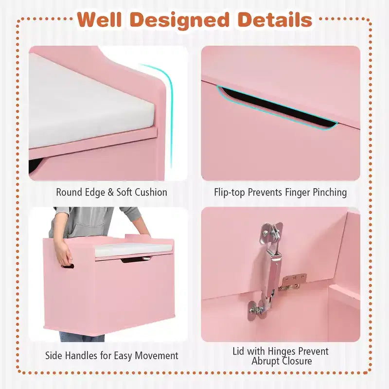 Costway Coffre à jouets en bois pour enfants, banc de rangement avec couvercle rabattable, charnière de sécurité et coussin