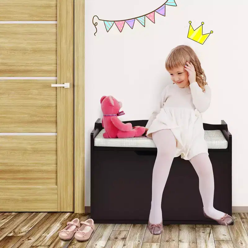 Costway Coffre à jouets en bois pour enfants, banc de rangement avec couvercle rabattable, charnière de sécurité et coussin
