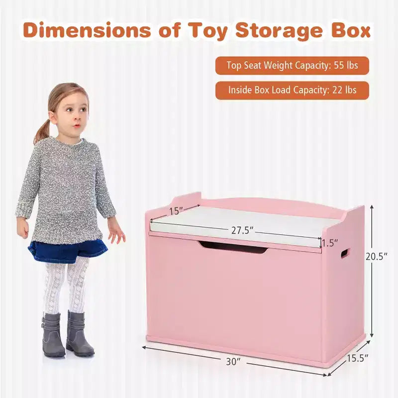Costway Coffre à jouets en bois pour enfants, banc de rangement avec couvercle rabattable, charnière de sécurité et coussin