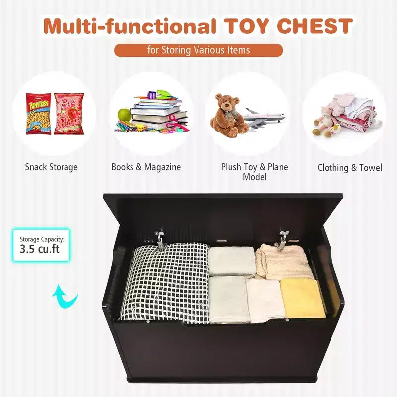 Costway Coffre à jouets en bois pour enfants, banc de rangement avec couvercle rabattable, charnière de sécurité et coussin
