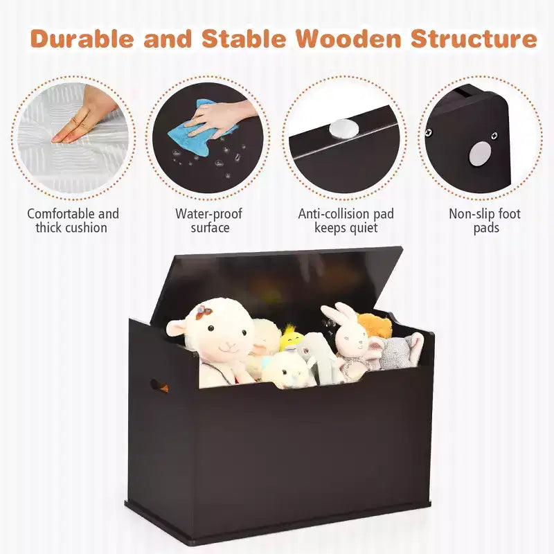 Costway Coffre à jouets en bois pour enfants, banc de rangement avec couvercle rabattable, charnière de sécurité et coussin