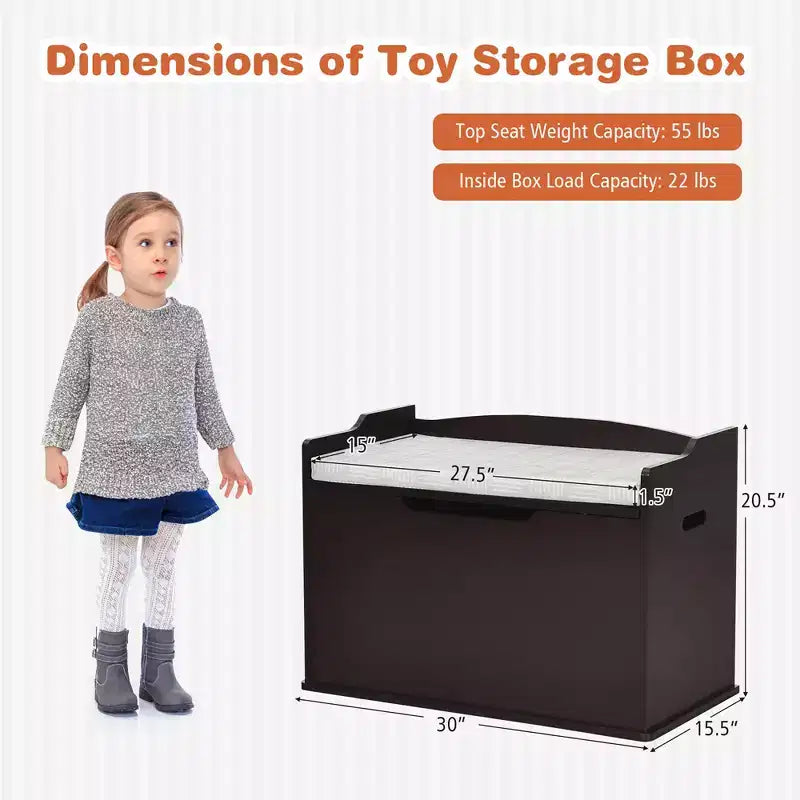 Costway Coffre à jouets en bois pour enfants, banc de rangement avec couvercle rabattable, charnière de sécurité et coussin